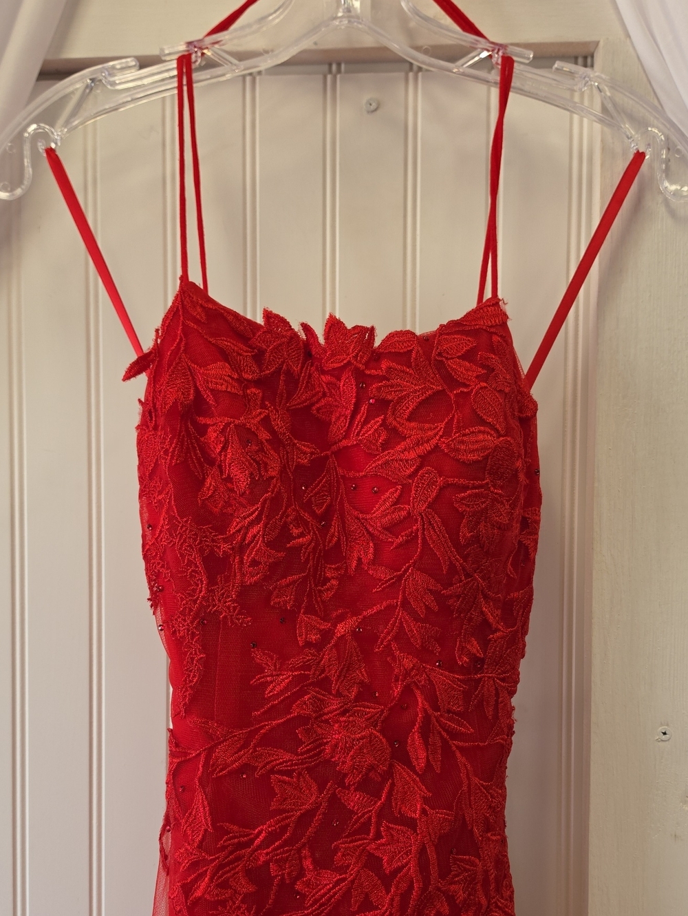 NWT Elegant Red Floral Appliqué Lace Corset Train Full Length Maxi Dress - Picture 4 of 11